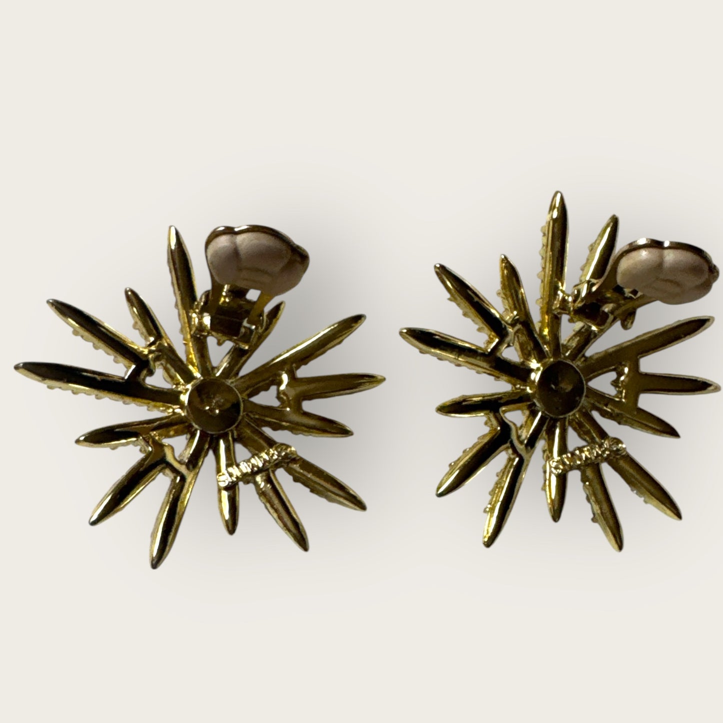 Vintage Emmons Patent Pending Starburst Clip-On Earrings – Aurora Borealis Rhinestones & Faux Pearl, 1950s