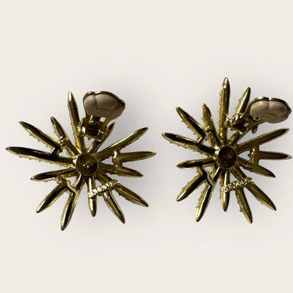 Vintage Emmons Patent Pending Starburst Clip-On Earrings – Aurora Borealis Rhinestones & Faux Pearl, 1950s