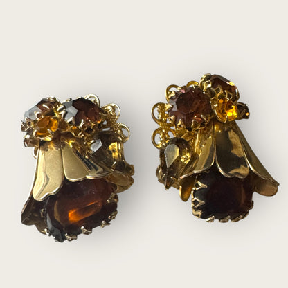 Vintage 1950s Austrian Filigree Clip-On Earrings – Root Beer & Amber Rhinestones – Statement Mid-Century Jewelry