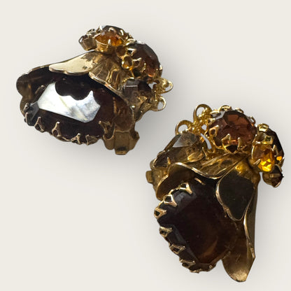 Vintage 1950s Austrian Filigree Clip-On Earrings – Root Beer & Amber Rhinestones – Statement Mid-Century Jewelry