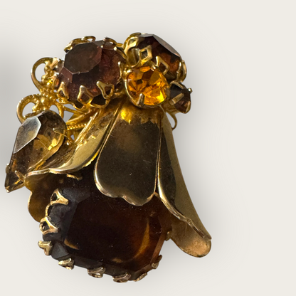 Vintage 1950s Austrian Filigree Clip-On Earrings – Root Beer & Amber Rhinestones – Statement Mid-Century Jewelry