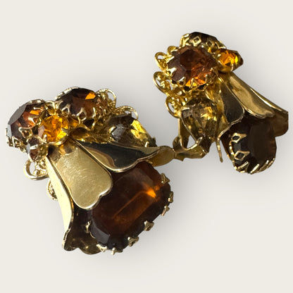 Vintage 1950s Austrian Filigree Clip-On Earrings – Root Beer & Amber Rhinestones – Statement Mid-Century Jewelry