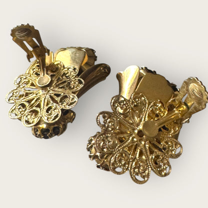 Vintage 1950s Austrian Filigree Clip-On Earrings – Root Beer & Amber Rhinestones – Statement Mid-Century Jewelry