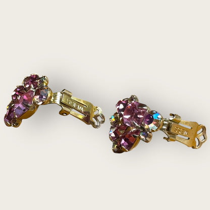 Vintage 1980s Weiss Pink Rhinestone Cluster Earrings – Signed Clip-On Statement Jewelry