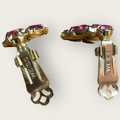 Vintage 1980s Weiss Pink Rhinestone Cluster Earrings – Signed Clip-On Statement Jewelry