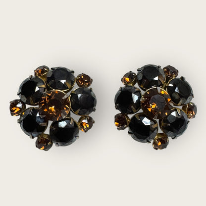 Vintage Black & Root Beer Domed Rhinestone Earrings – 1950s Bold Cocktail Clip-Ons – Mid-Century Statement Jewelry