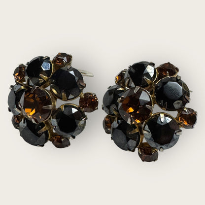 Vintage Black & Root Beer Domed Rhinestone Earrings – 1950s Bold Cocktail Clip-Ons – Mid-Century Statement Jewelry