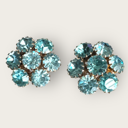 Vintage 1950s Baby Blue Rhinestone Cluster Earrings – Gold-Tone Clip-Ons
