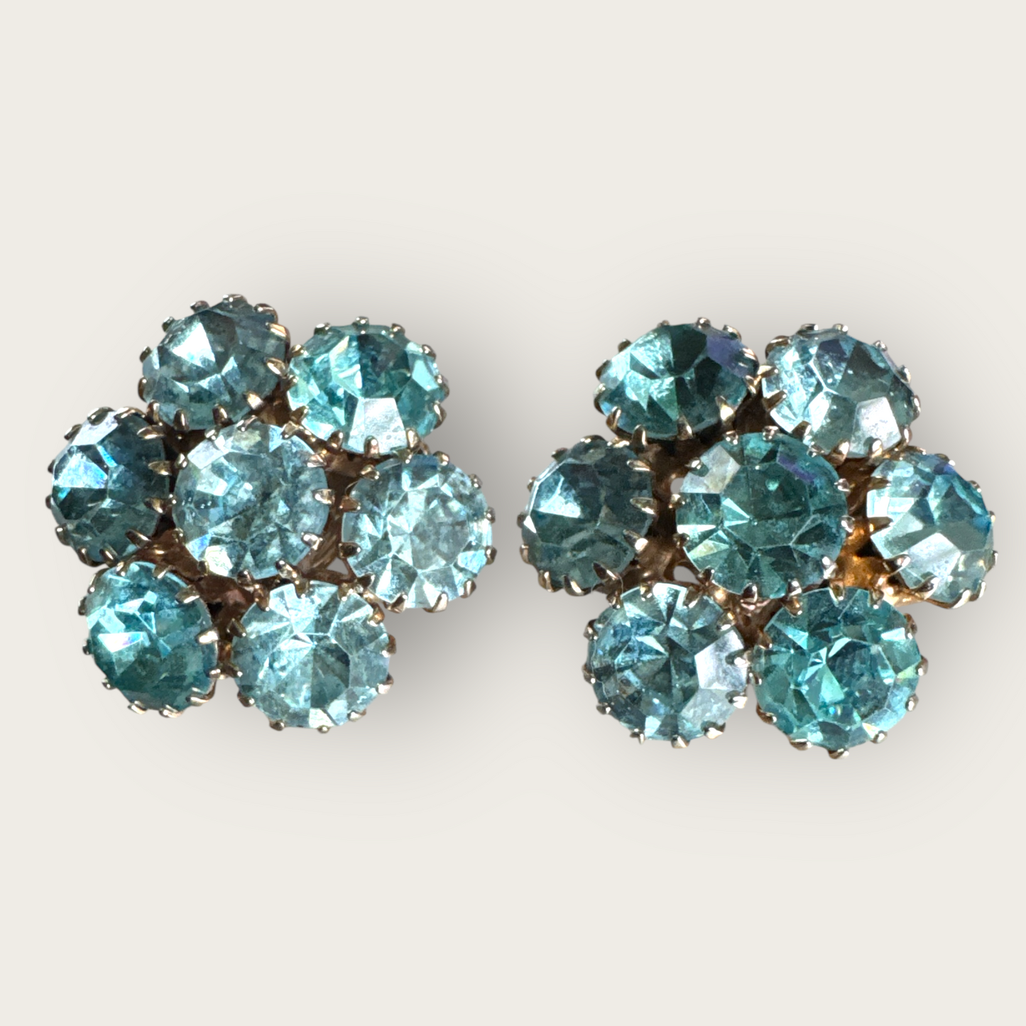Vintage 1950s Baby Blue Rhinestone Cluster Earrings – Gold-Tone Clip-Ons