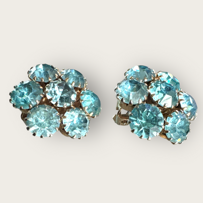 Vintage 1950s Baby Blue Rhinestone Cluster Earrings – Gold-Tone Clip-Ons