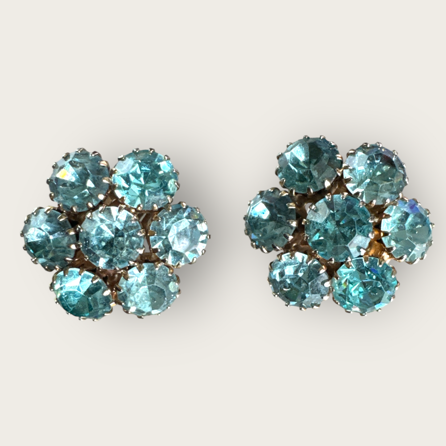 Vintage 1950s Baby Blue Rhinestone Cluster Earrings – Gold-Tone Clip-Ons