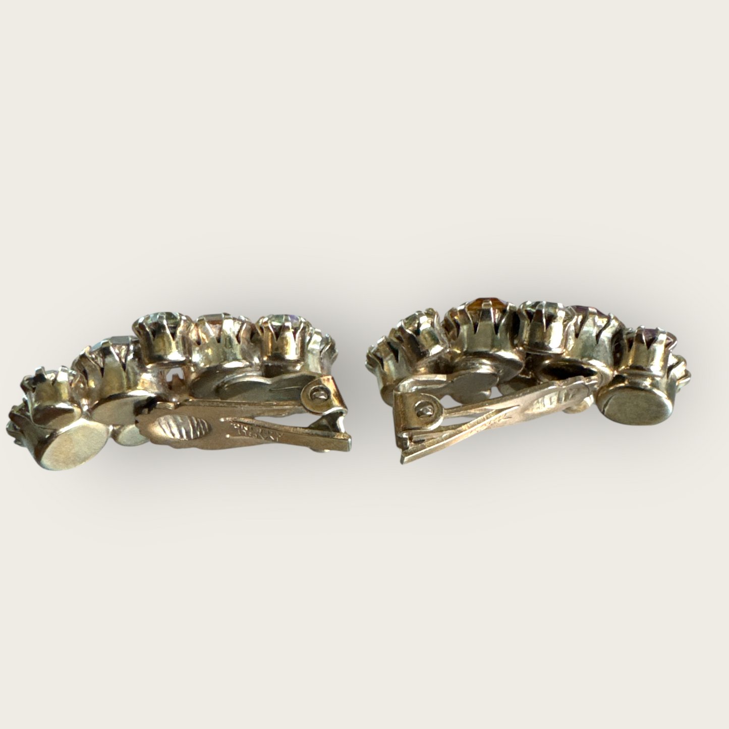 Vintage Karu Arke Inc. Rhinestone Ear Climber Earrings – Topaz, Champagne & Aurora Borealis – Mid-Century Sparkle