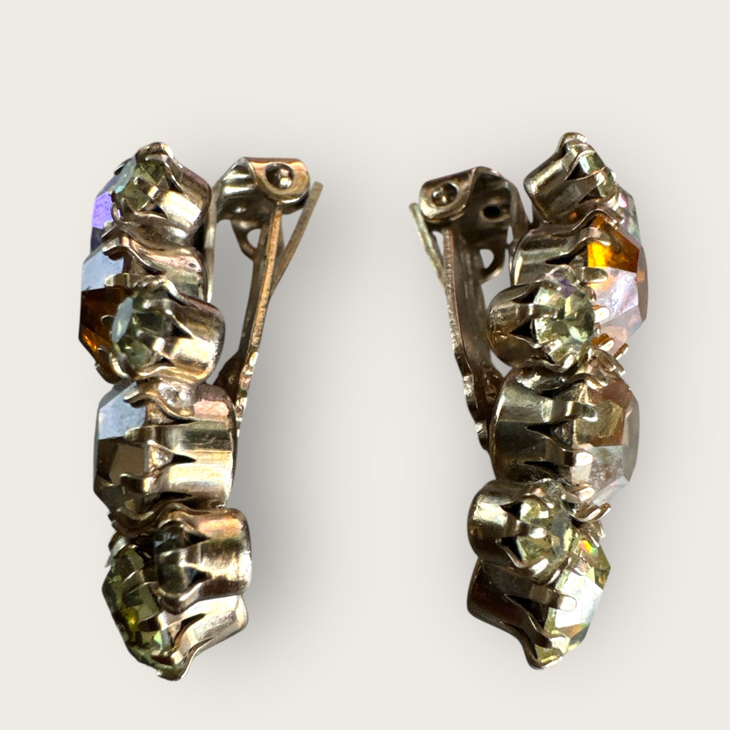 Vintage Karu Arke Inc. Rhinestone Ear Climber Earrings – Topaz, Champagne & Aurora Borealis – Mid-Century Sparkle