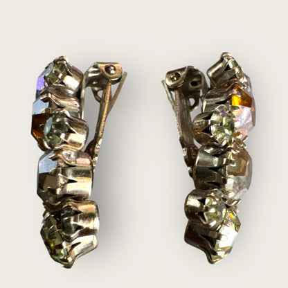 Vintage Karu Arke Inc. Rhinestone Ear Climber Earrings – Topaz, Champagne & Aurora Borealis – Mid-Century Sparkle