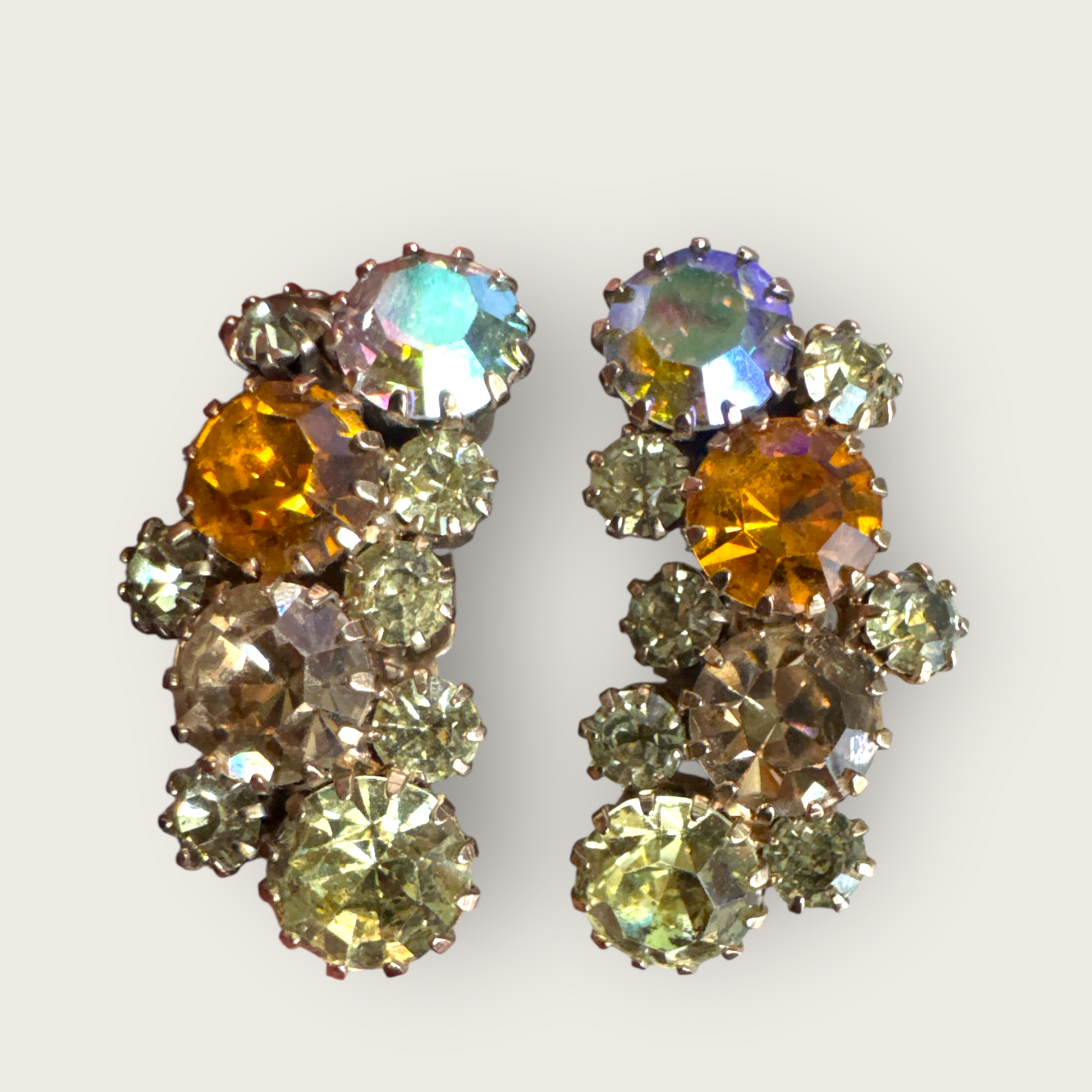 Vintage Karu Arke Inc. Rhinestone Ear Climber Earrings – Topaz, Champagne & Aurora Borealis – Mid-Century Sparkle