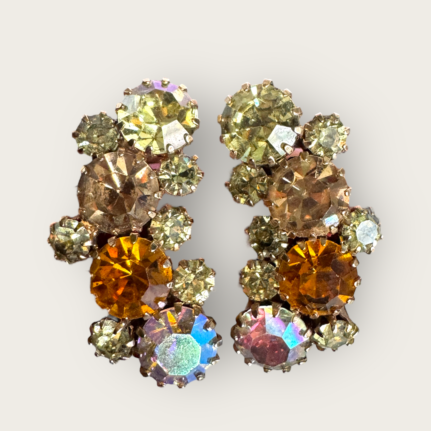 Vintage Karu Arke Inc. Rhinestone Ear Climber Earrings – Topaz, Champagne & Aurora Borealis – Mid-Century Sparkle