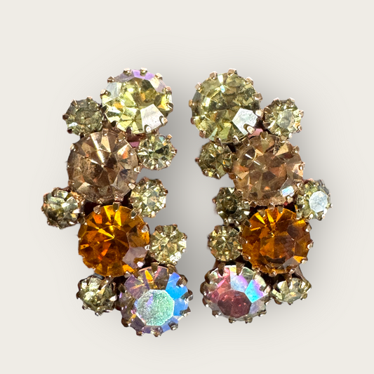 Vintage Karu Arke Inc. Rhinestone Ear Climber Earrings – Topaz, Champagne & Aurora Borealis – Mid-Century Sparkle