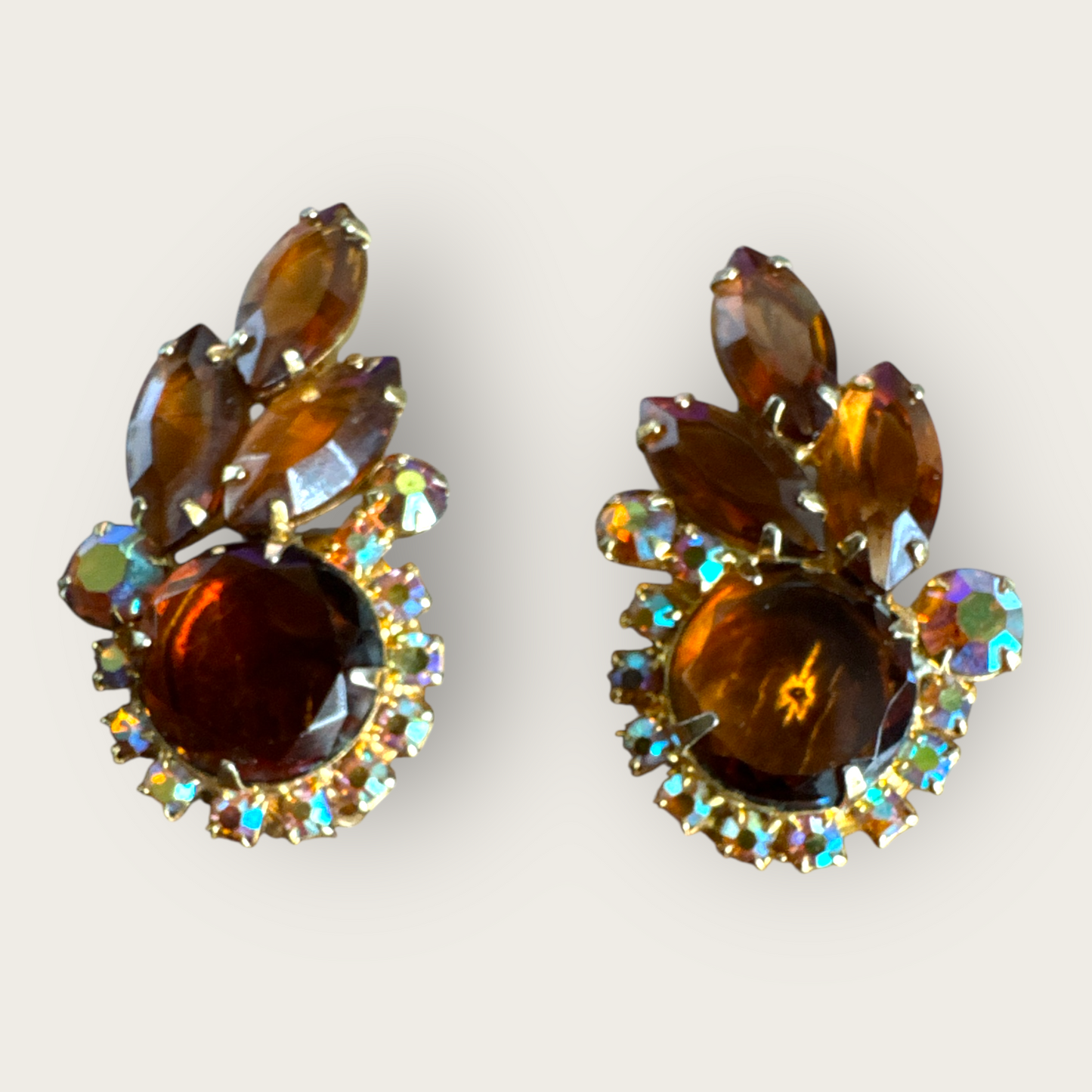 Verified Juliana Root Beer & Aurora Borealis Rhinestone Ear Climber Earrings – 1960s