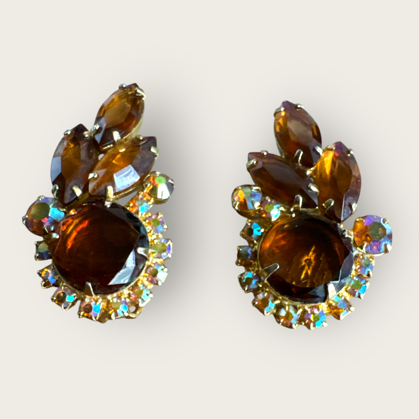 Verified Juliana Root Beer & Aurora Borealis Rhinestone Ear Climber Earrings – 1960s
