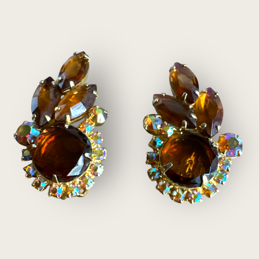 Verified Juliana Root Beer & Aurora Borealis Rhinestone Ear Climber Earrings – 1960s