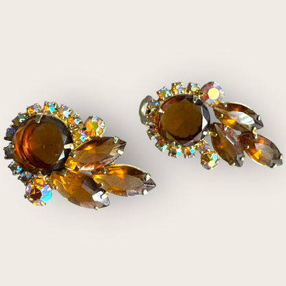 Verified Juliana Root Beer & Aurora Borealis Rhinestone Ear Climber Earrings – 1960s
