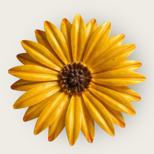 Vintage 1960s Yellow Enamel Metal Sunflower Brooch – Large Mod Flower Pin