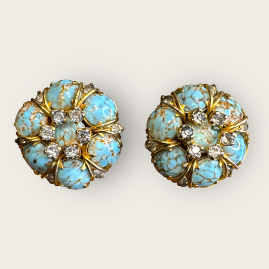 Vintage Hattie Carnegie Blue Matrix Glass & Rhinestone Earrings – Signed Carnegie