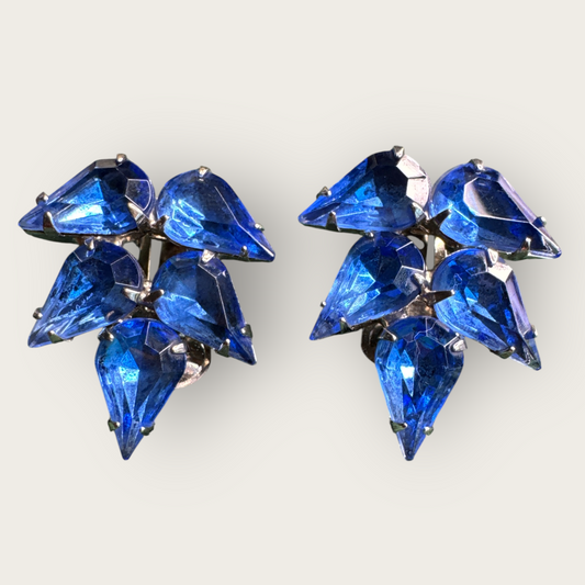 Vintage Royal Blue Teardrop Rhinestone Cluster Earrings – Silvertone Clip-On (Unsigned)
