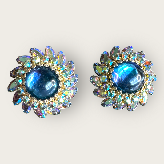 Vintage 1/20 12K Gold-Filled Blue Glass Cabochon & Aurora Borealis Rhinestone Floral Earrings