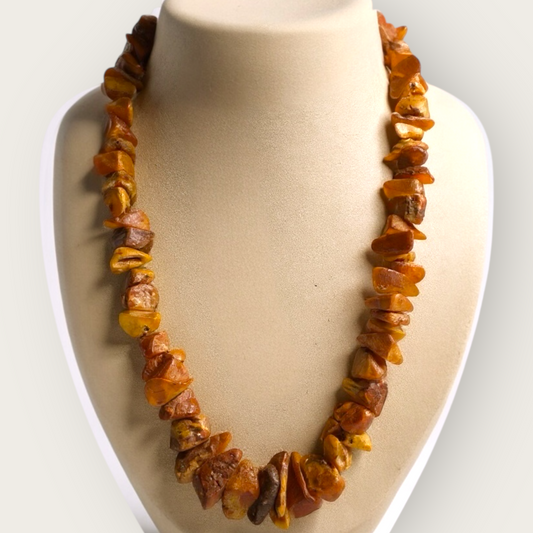 Vintage Baltic Amber Nugget Necklace – 19” Graduated Natural Honey & Cognac Chips, Mid-Century Elegance