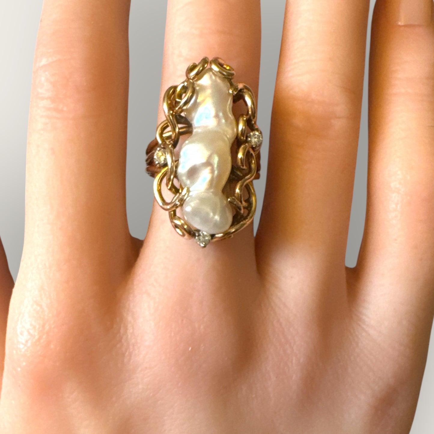 14k Gold Baroque Natural Pearl & Diamond Ring | Private Collection