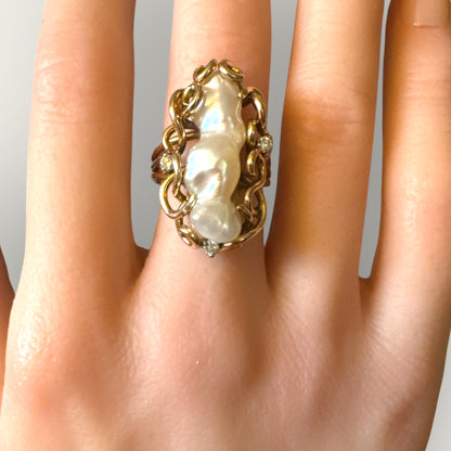 14k Gold Baroque Natural Pearl & Diamond Ring | Private Collection