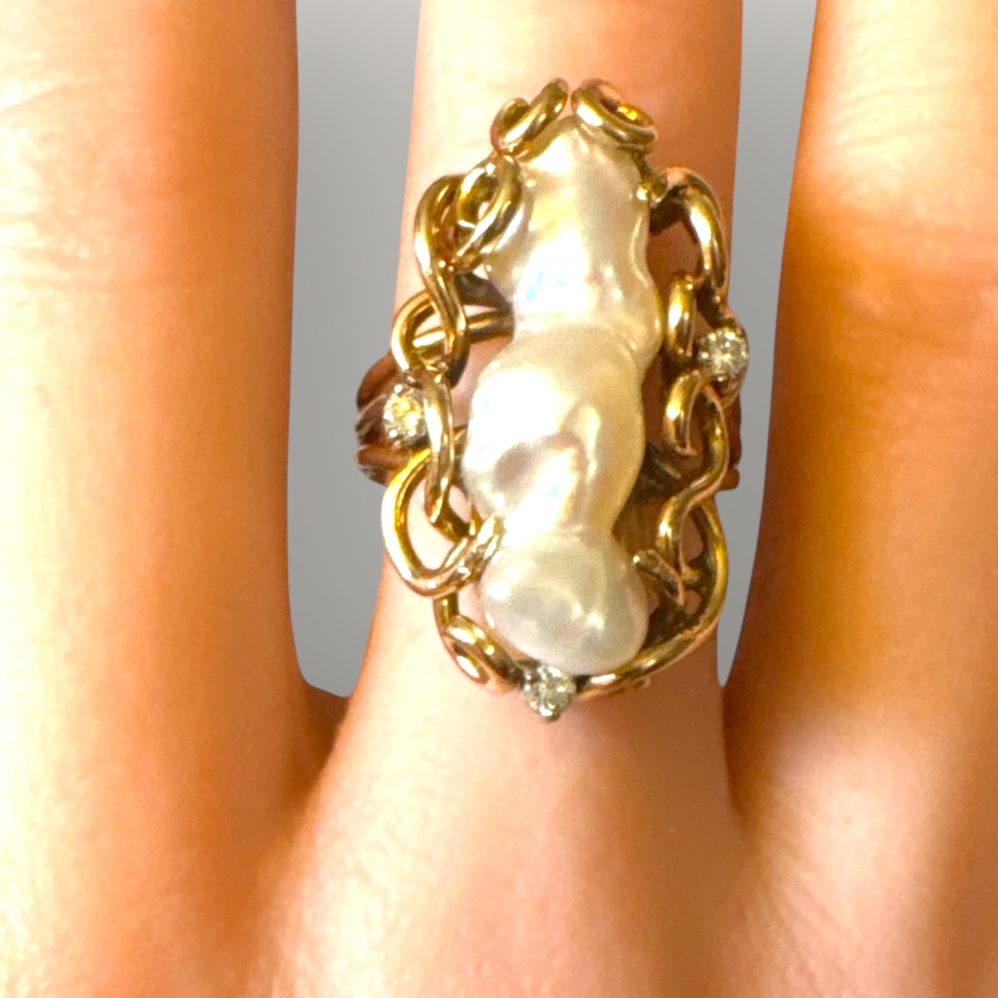 14k Gold Baroque Natural Pearl & Diamond Ring | Private Collection