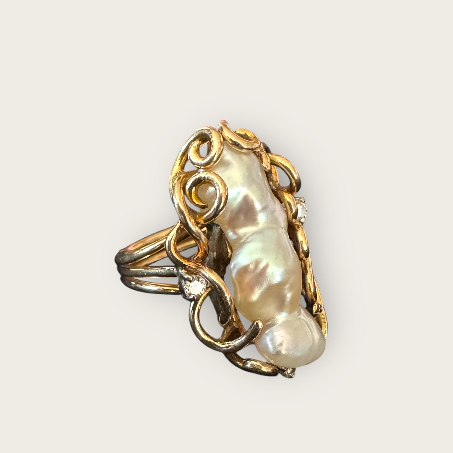 14k Gold Baroque Natural Pearl & Diamond Ring | Private Collection