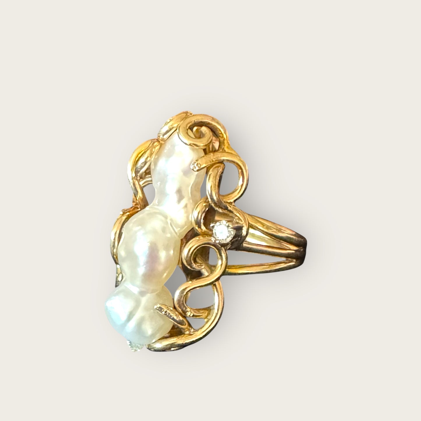 14k Gold Baroque Natural Pearl & Diamond Ring | Private Collection