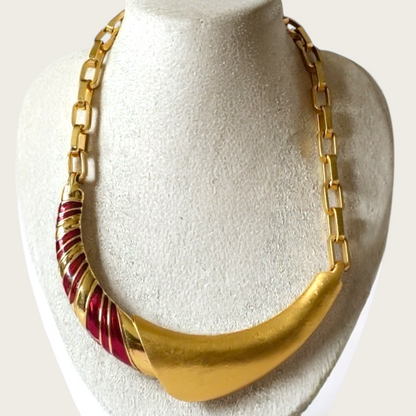 Monet 1980s Red Enamel Gold-Tone Statement Necklace, Sculptural Bar Design, Signed
