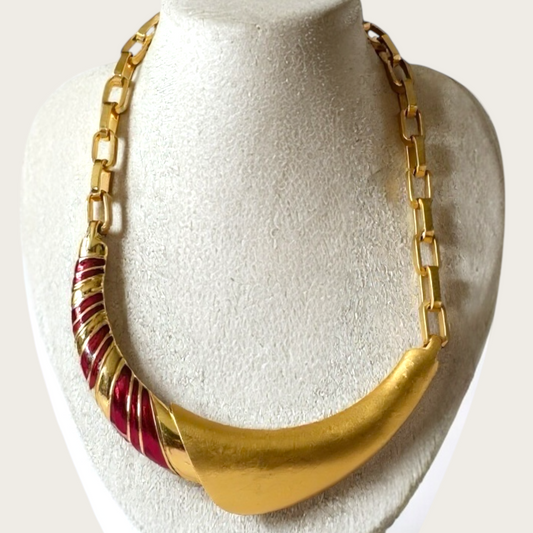 Monet 1980s Red Enamel Gold-Tone Statement Necklace, Sculptural Bar Design, Signed