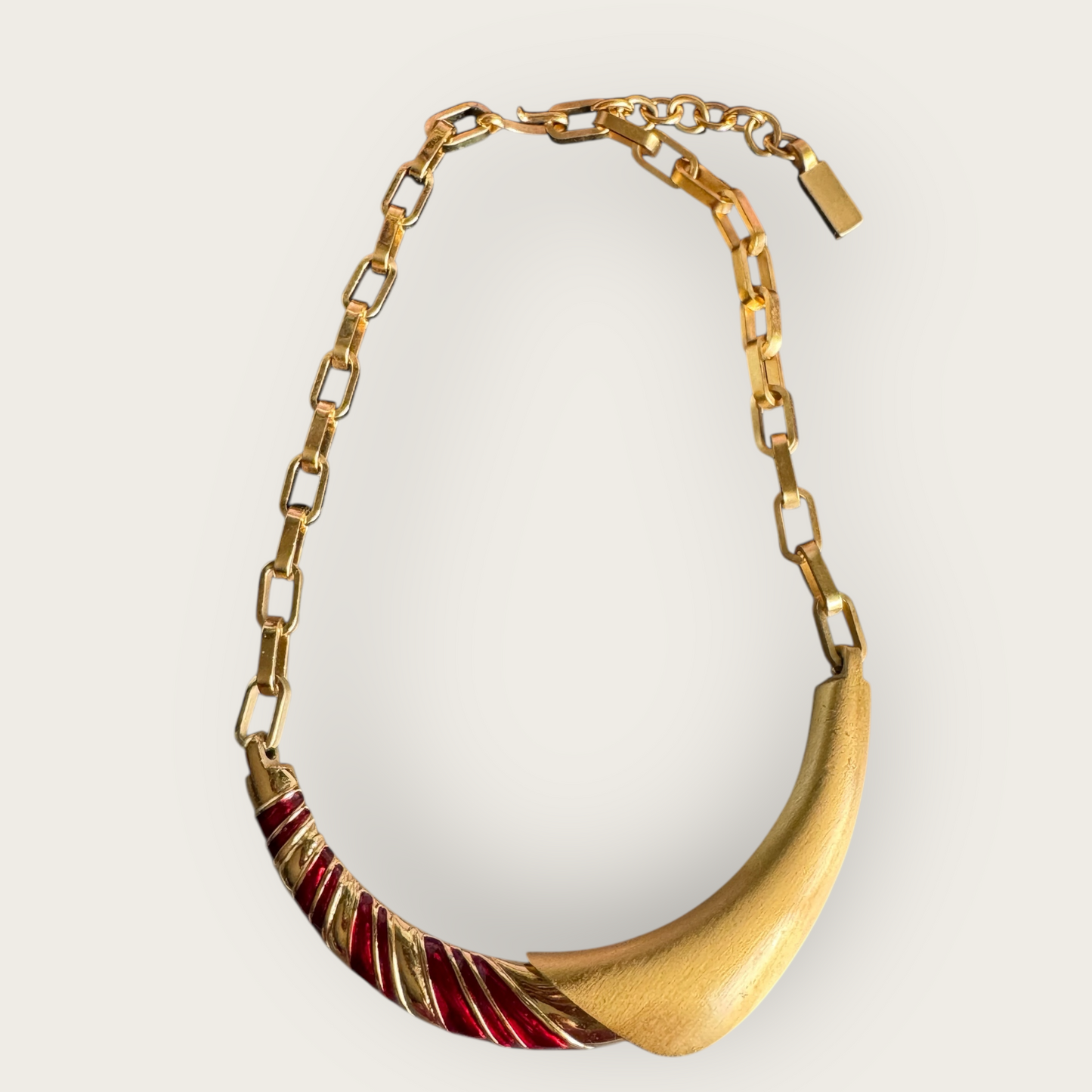 Monet 1980s Red Enamel Gold-Tone Statement Necklace, Sculptural Bar Design, Signed
