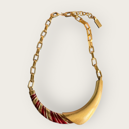 Monet 1980s Red Enamel Gold-Tone Statement Necklace, Sculptural Bar Design, Signed