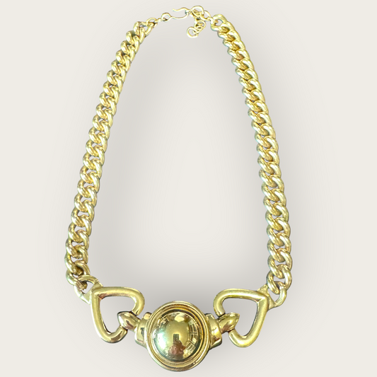 Vintage 1980s Bold Gold Tone Chain Link Necklace with Domed Centerpiece | Chunky Adjustable Collar | Designer Signed Monet