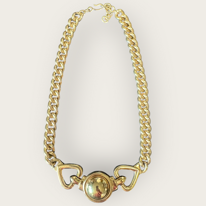 Vintage 1980s Bold Gold Tone Chain Link Necklace with Domed Centerpiece | Chunky Adjustable Collar | Designer Signed Monet