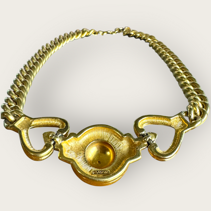 Vintage 1980s Bold Gold Tone Chain Link Necklace with Domed Centerpiece | Chunky Adjustable Collar | Designer Signed Monet