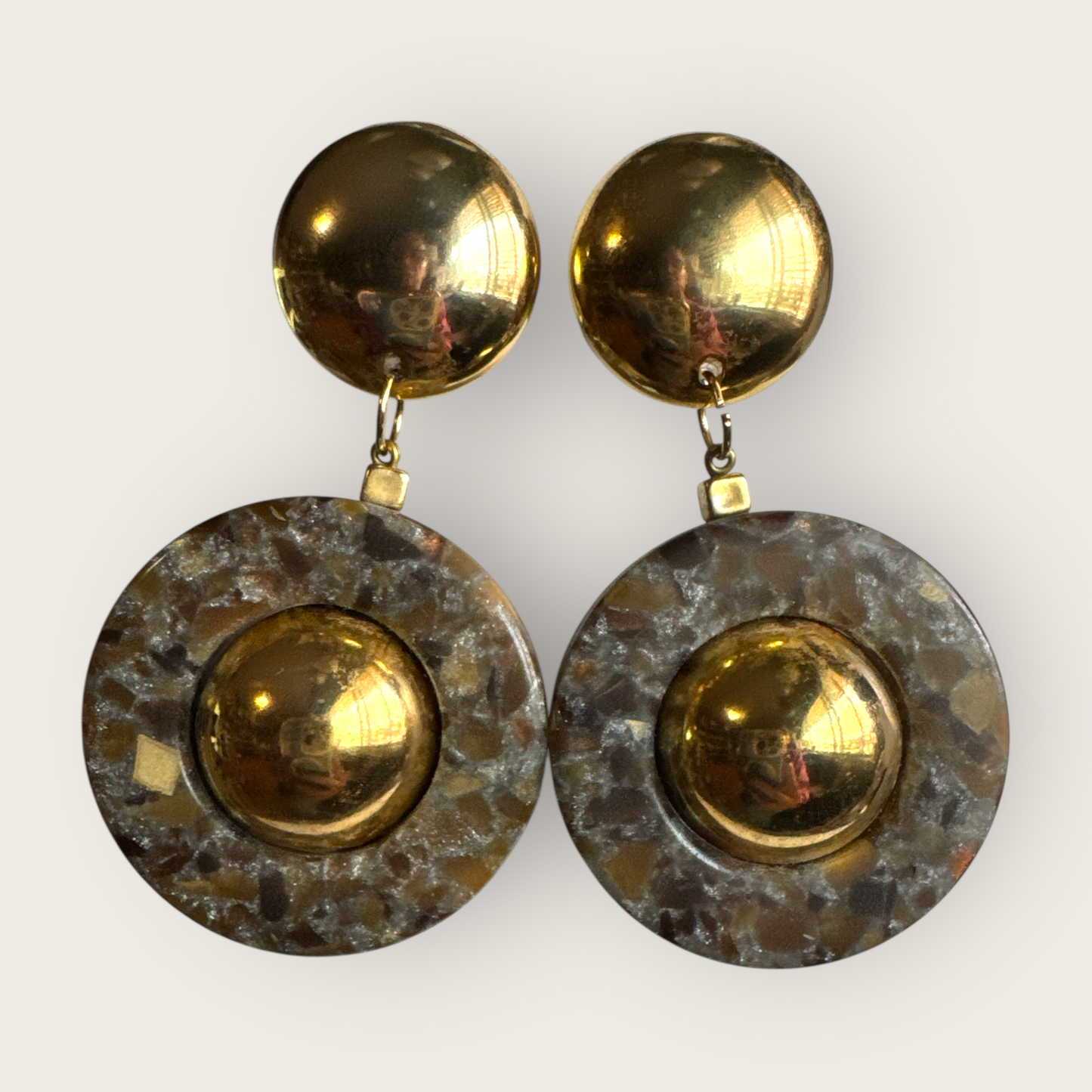 Vintage 1980s Made in Italy Statement Earrings | Bold Gold Tone Domes & Granite-Look Acrylic | 3” Runway Clip-On Drops | Designer Style