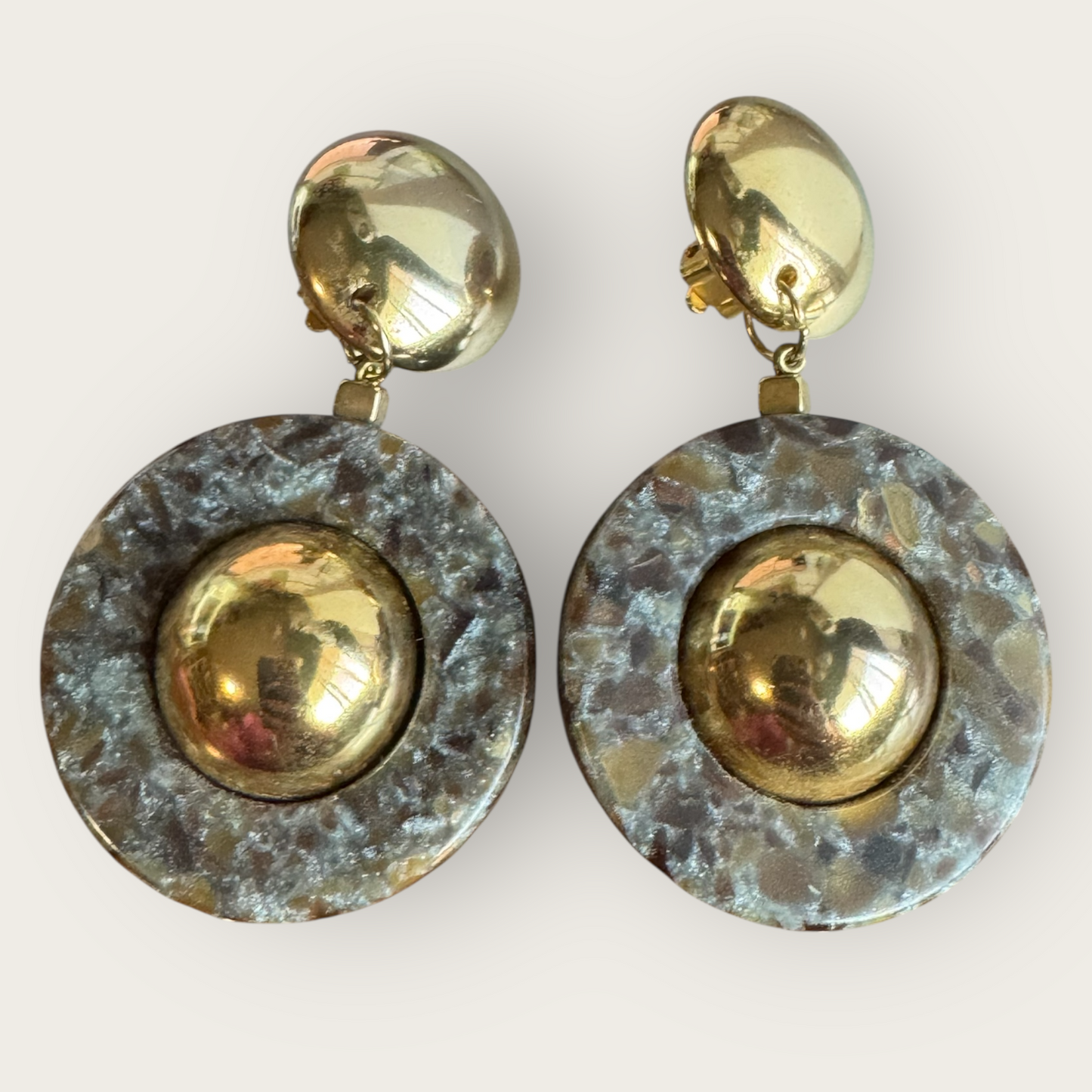 Vintage 1980s Made in Italy Statement Earrings | Bold Gold Tone Domes & Granite-Look Acrylic | 3” Runway Clip-On Drops | Designer Style