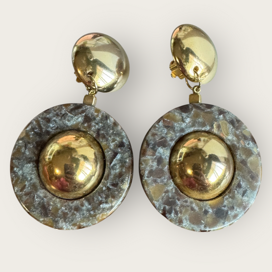 Vintage 1980s Made in Italy Statement Earrings | Bold Gold Tone Domes & Granite-Look Acrylic | 3” Runway Clip-On Drops | Designer Style