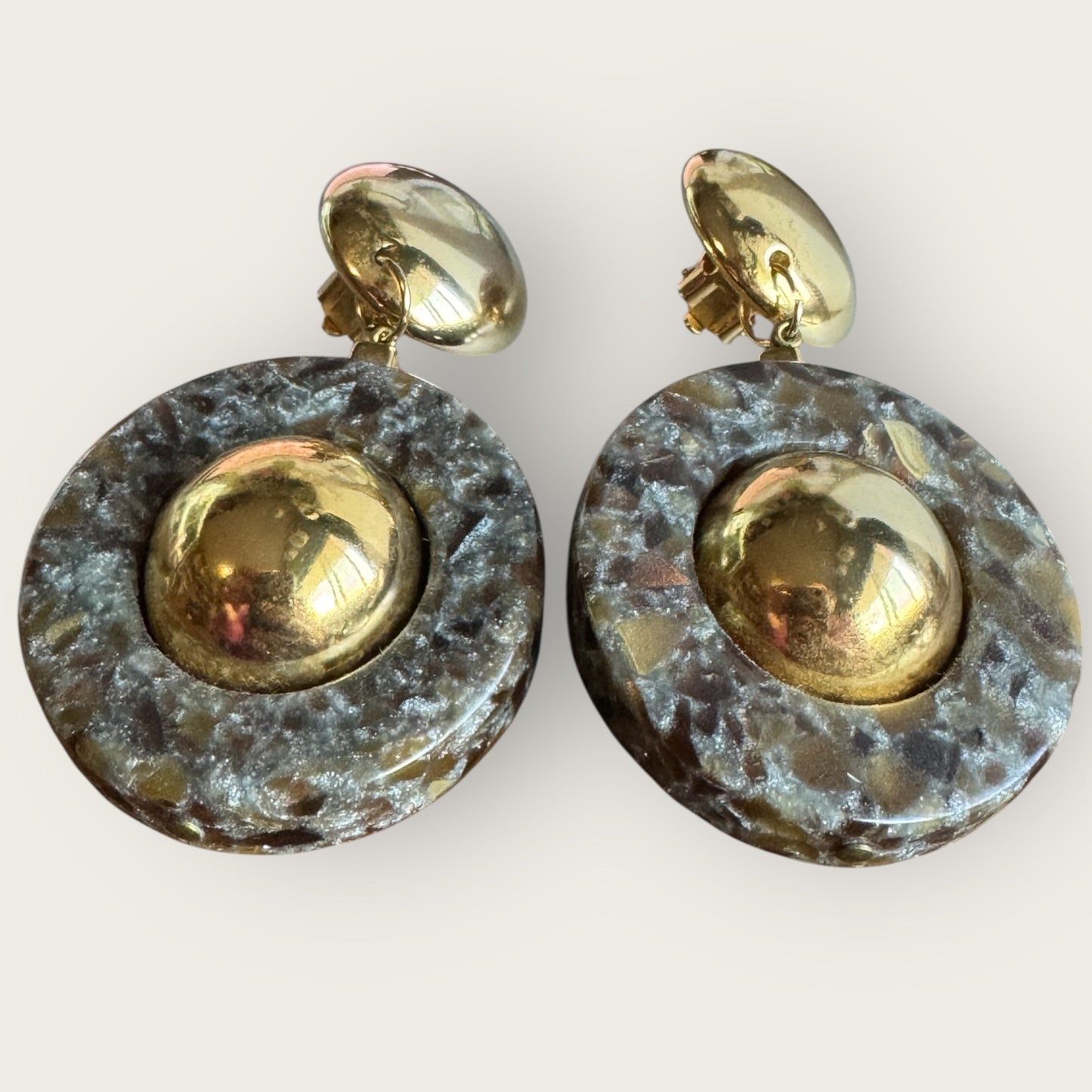 Vintage 1980s Made in Italy Statement Earrings | Bold Gold Tone Domes & Granite-Look Acrylic | 3” Runway Clip-On Drops | Designer Style
