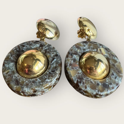 Vintage 1980s Made in Italy Statement Earrings | Bold Gold Tone Domes & Granite-Look Acrylic | 3” Runway Clip-On Drops | Designer Style