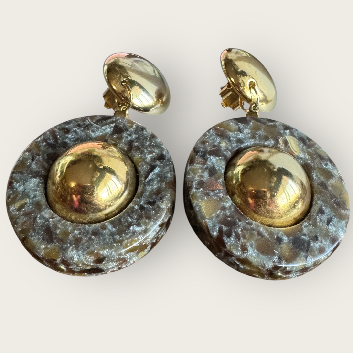Vintage 1980s Made in Italy Statement Earrings | Bold Gold Tone Domes & Granite-Look Acrylic | 3” Runway Clip-On Drops | Designer Style