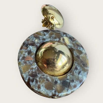 Vintage 1980s Made in Italy Statement Earrings | Bold Gold Tone Domes & Granite-Look Acrylic | 3” Runway Clip-On Drops | Designer Style
