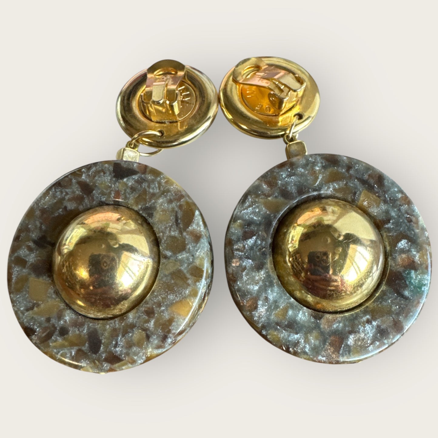 Vintage 1980s Made in Italy Statement Earrings | Bold Gold Tone Domes & Granite-Look Acrylic | 3” Runway Clip-On Drops | Designer Style